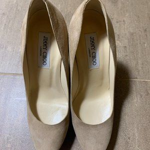 JIMMY CHOO Beige or Taupe Suede Platform Pumps - Sz. 38